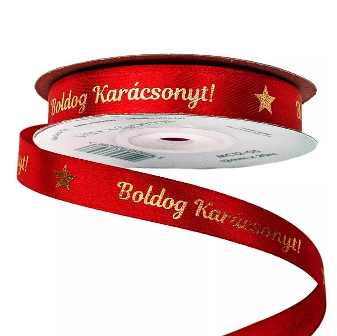 Fényes arany "Boldog Karácsonyt!" feliratos szatén szalag 12mm x 20m 