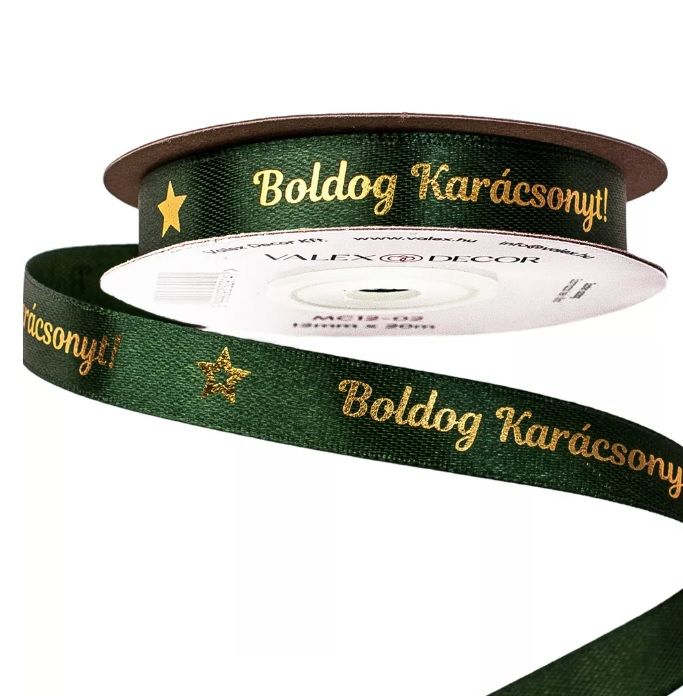 Fényes arany "Boldog Karácsonyt!" feliratos szatén szalag 12mm x 20m 