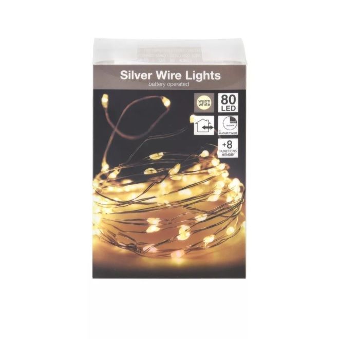 80 LED-es ezüst drótkábeles vízálló fényfüzér elemes