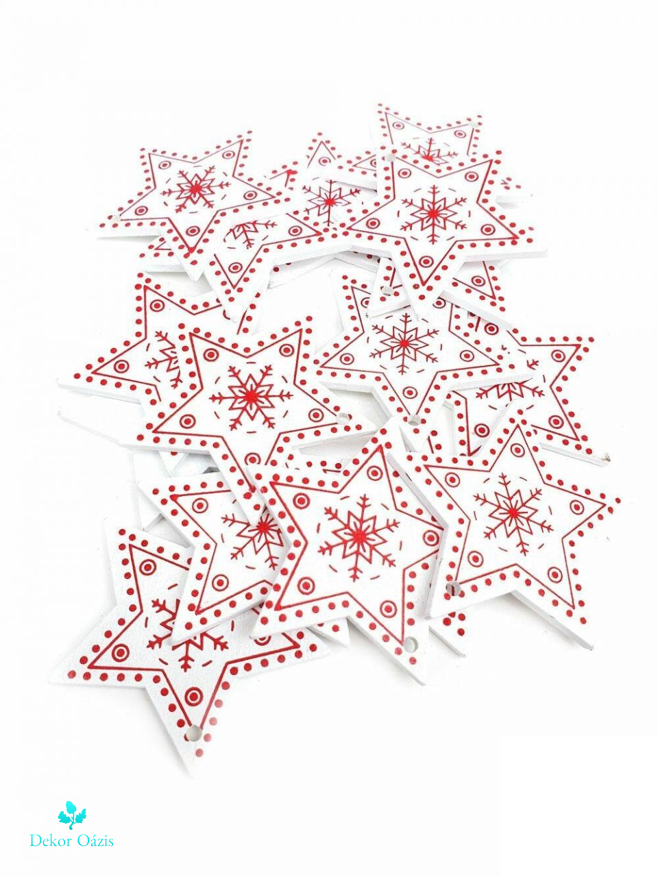 Fa dekor csillag fehér alapon piros mintával 15 db / szett