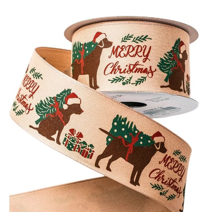 Kutyás karácsonyi szalag "Merry Christmas" felirattal, drótos szegéllyel 38mm x 6.4m - 2 színben