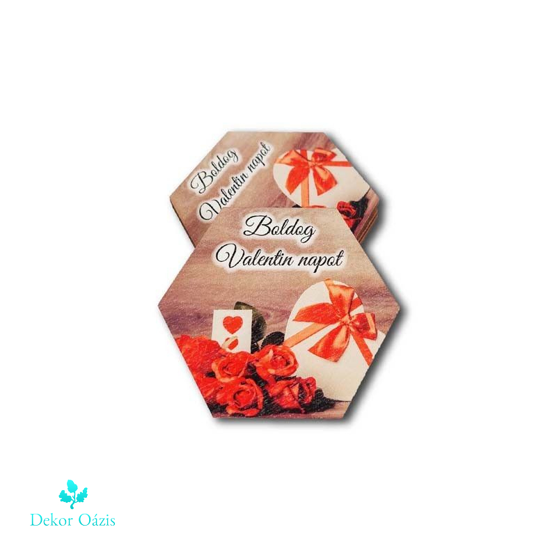 Boldog Valentin napot hexagon formájú fa tábla 6,5x7,5 cm 5 db /csomag Boldog Valentin napot hexagon formájú fa tábla 6,5x7,5 cm 5 db /csomag