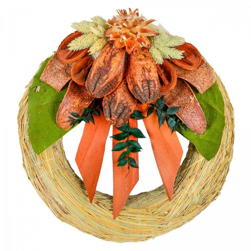 Szalma koszorú trópusi szárazvirág díszítéssel 25cm- Több színben