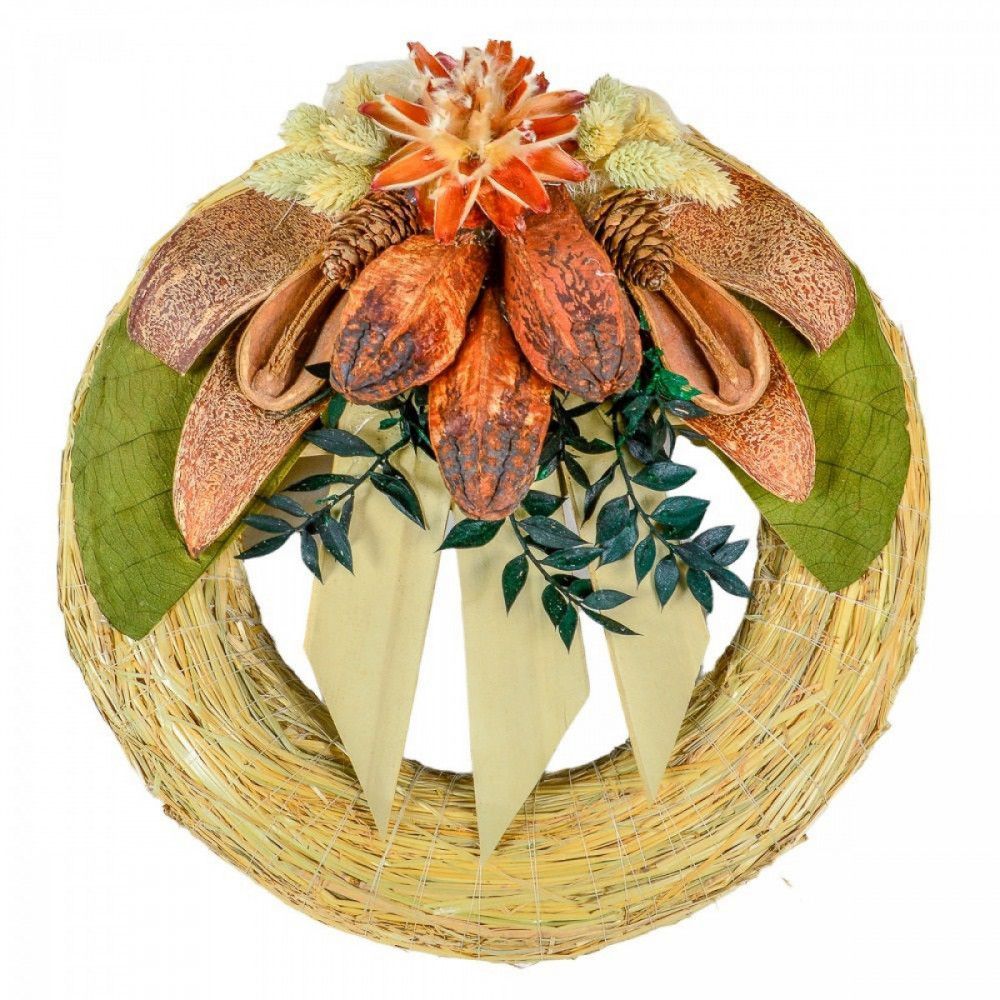 Szalma koszorú trópusi szárazvirág díszítéssel 25cm- Több színben
