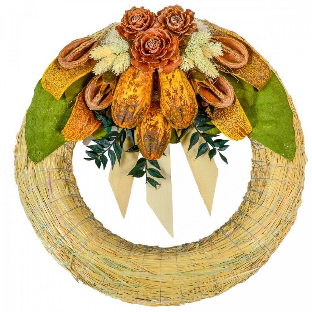 Szalma koszorú trópusi szárazvirág díszítéssel 30cm- Több színben