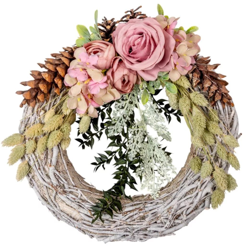 Vesszős szalma koszorú selyem és szárazvirág díszítéssel - Több méretben 