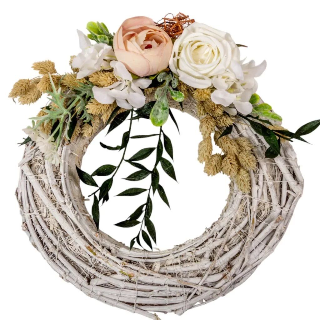Vesszős szalma koszorú selyem és szárazvirág díszítéssel - Több méretben 