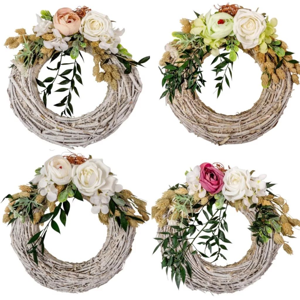 Vesszős szalma koszorú selyem és szárazvirág díszítéssel - Több méretben 