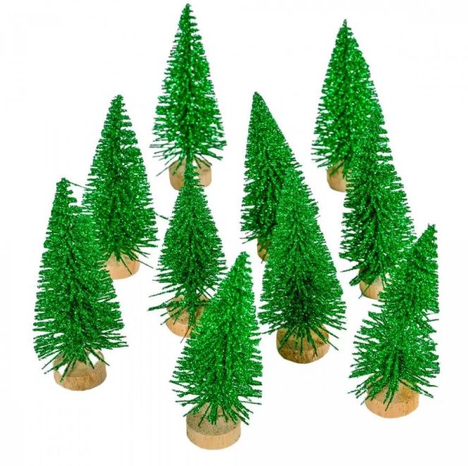Mini fenyő zöld glitteres fa talpon 10db-os - 3 méretben
