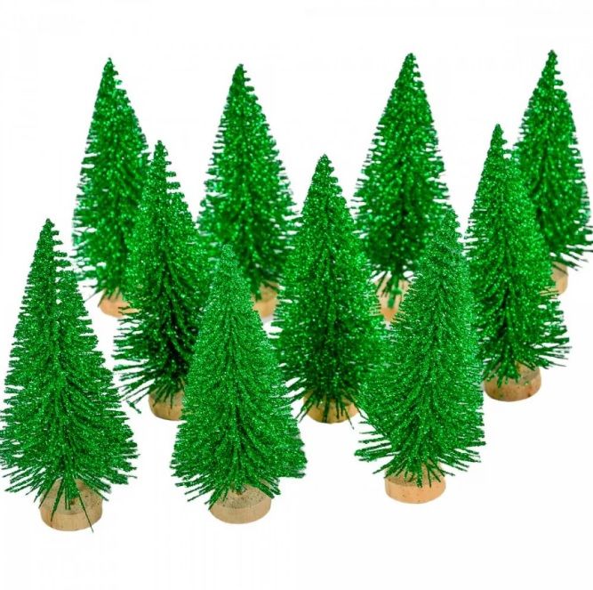 Mini fenyő zöld glitteres fa talpon 10db-os - 3 méretben