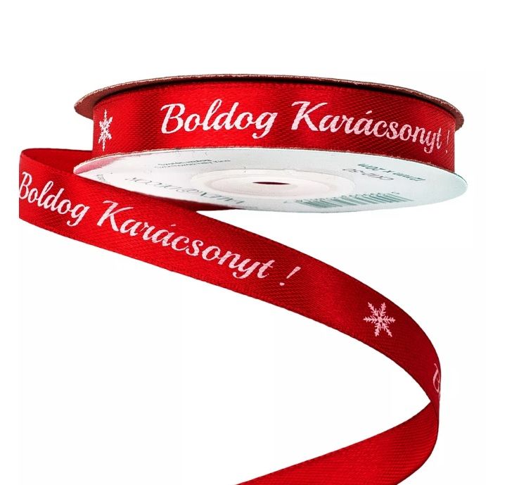 "Boldog Karácsonyt!" feliratos szatén szalag 12mm x 20m - Több színben