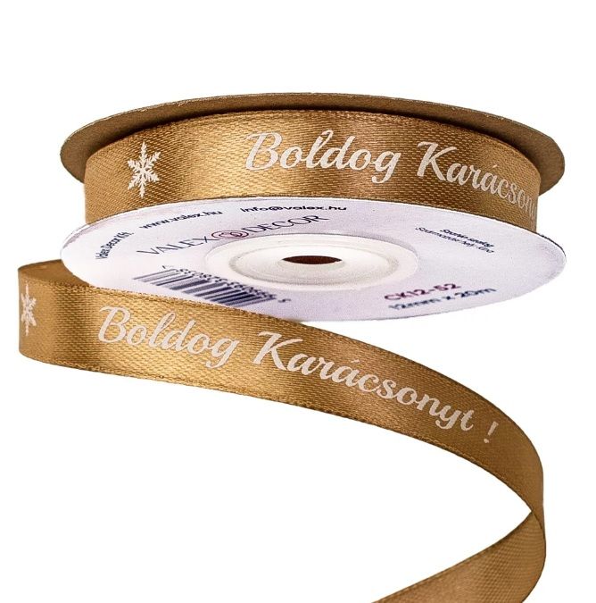 "Boldog Karácsonyt!" feliratos szatén szalag 12mm x 20m - Több színben