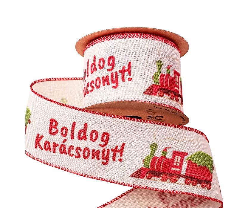 Boldog Karácsonyt! feliratos, mozdonyos vászon szalag drótos szegéllyel 63mm x 9.1m