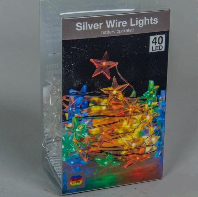 Ezüst drótkábeles csillagfüzér 40 LED-es elemes - 3 színben 