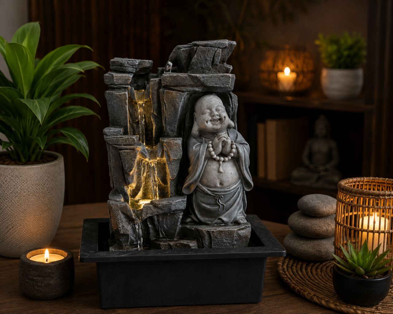 Buddhás szobai szökőkút LED világítással – beltéri csobogó 31 cm