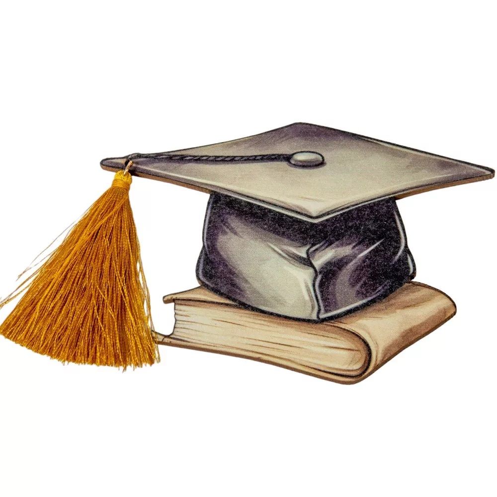 Nyomtatott fa tábla diplomaosztó kalap bojttal 12cm - 2 színben