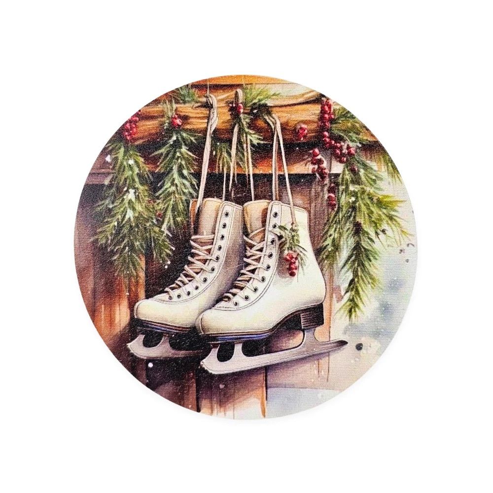 Nyomtatott fa tábla koszorú közép 11,8 cm - Karácsonyi minták 