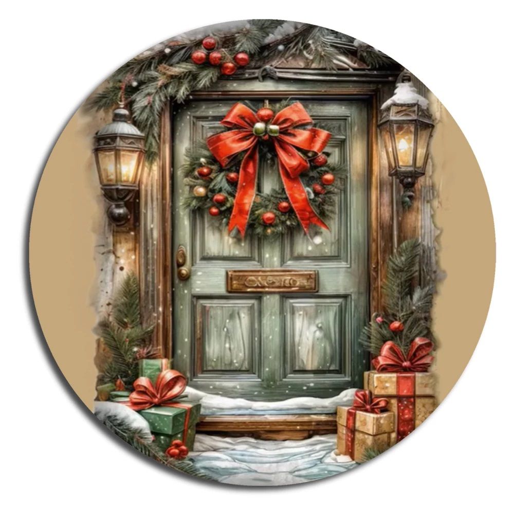 Nyomtatott fa tábla koszorú közép 11,8 cm - Karácsonyi minták 