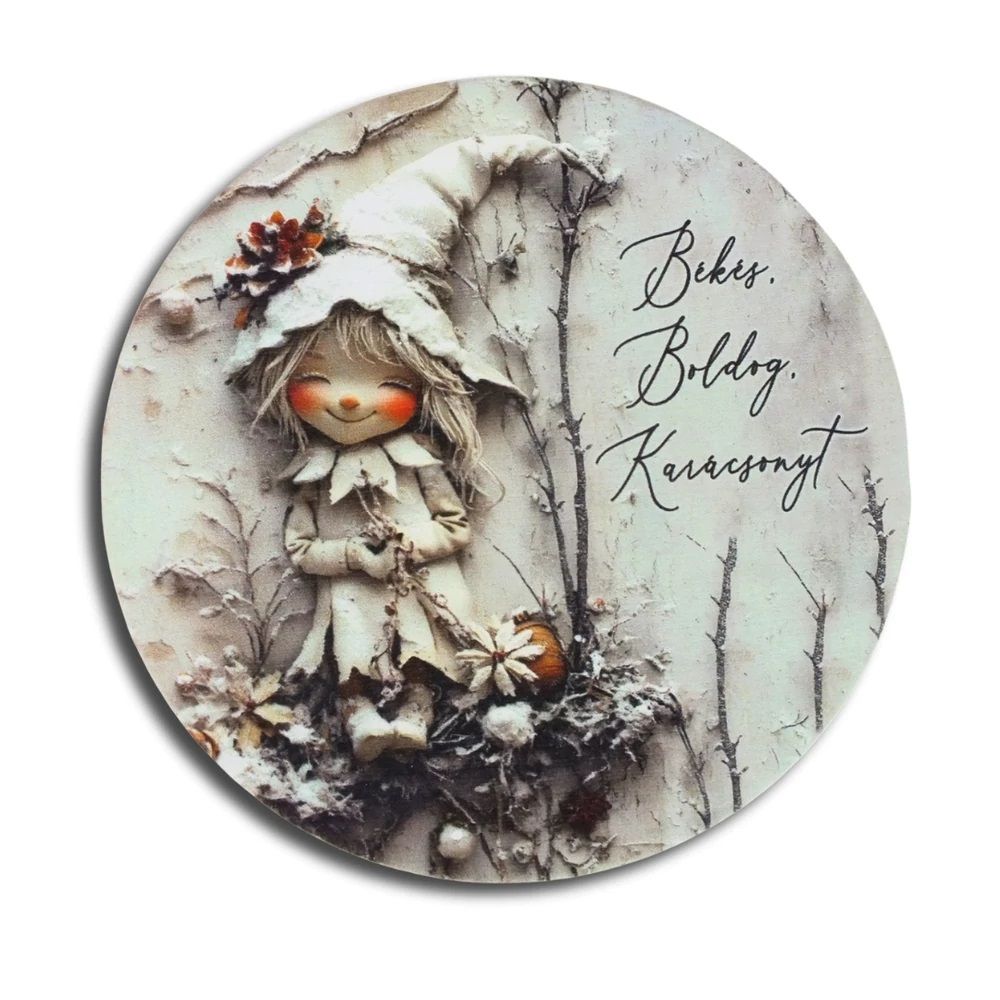 Nyomtatott fa tábla koszorú közép 11,8 cm - Karácsonyi minták 