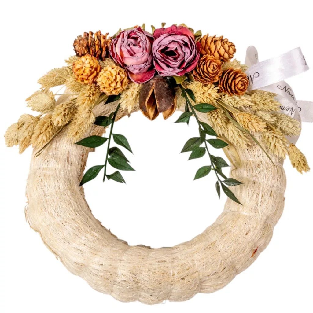 Szizálos szalma koszorú szárazvirág díszítéssel 17cm- Több színben