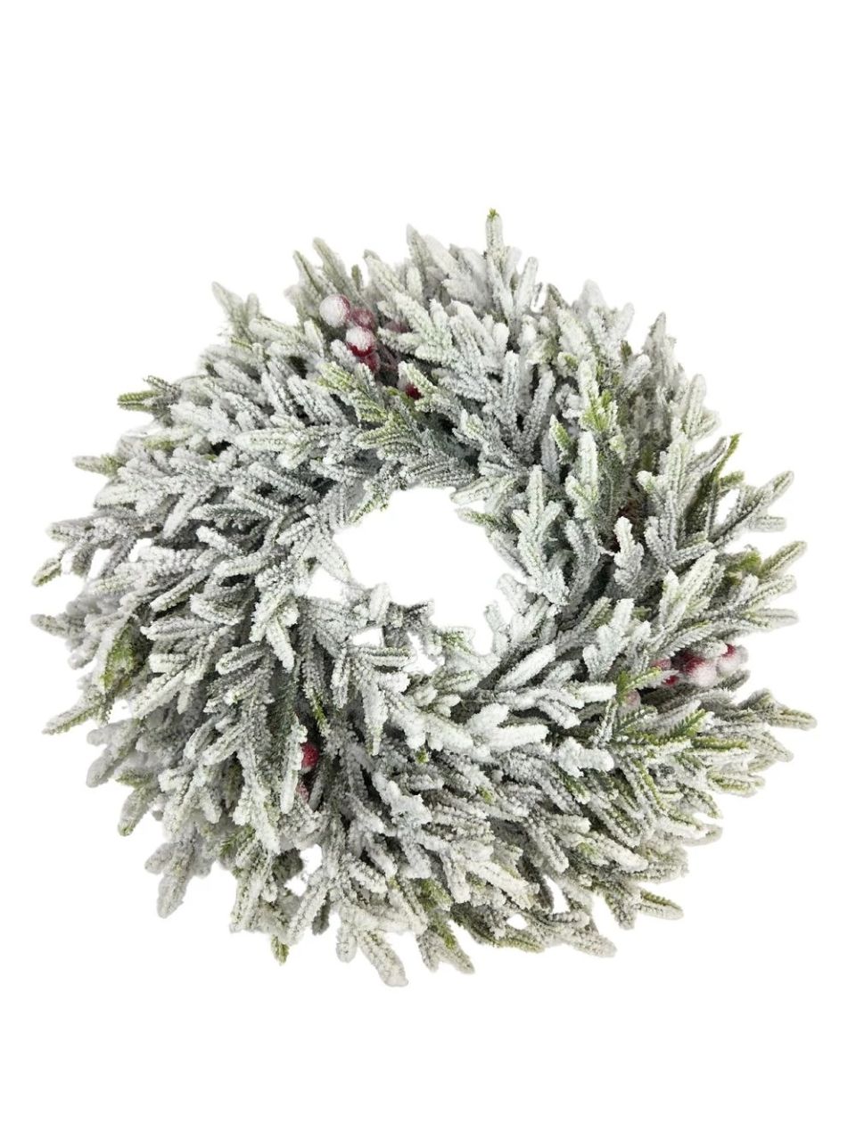 Apró levelű műfenyő koszorú bogyóval 35 cm- havas Apró levelű műfenyő koszorú bogyóval 35 cm- havas