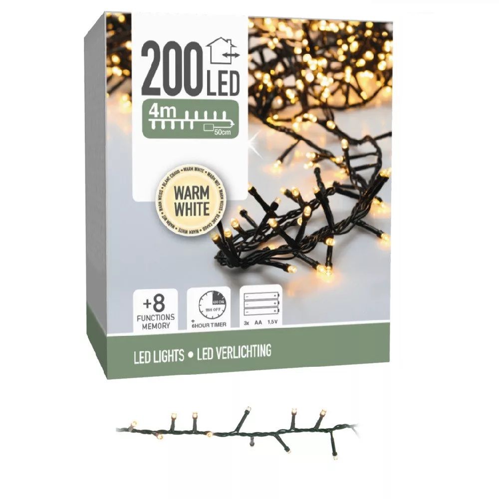 Sűrű fényfüzér 200 LED-es időzítős programos elemes 4 m - 2 színben Sűrű fényfüzér 200 LED-es időzítős programos elemes 4 m - 2 színben