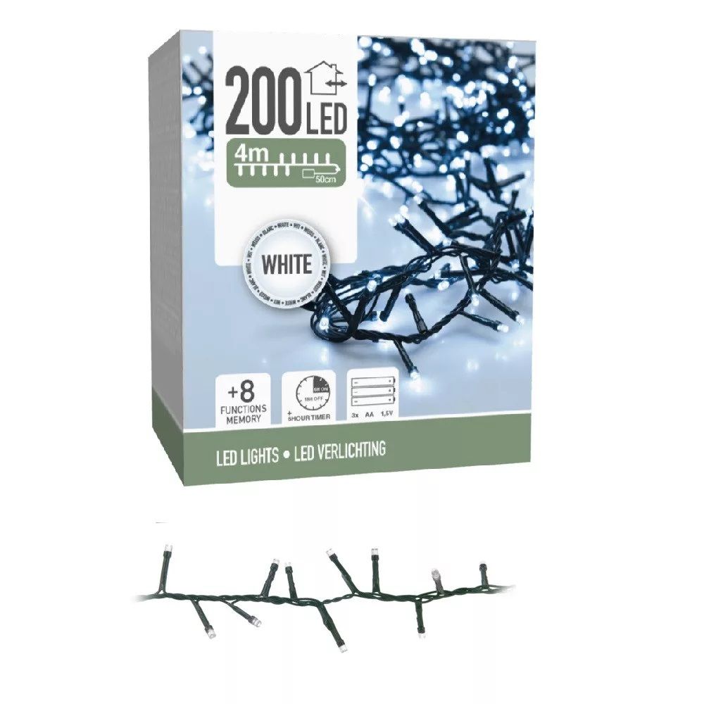 Sűrű fényfüzér 200 LED-es időzítős programos elemes 4 m - 2 színben Sűrű fényfüzér 200 LED-es időzítős programos elemes 4 m - 2 színben