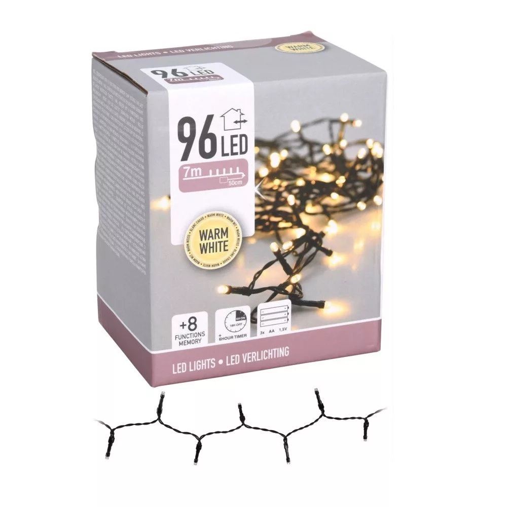 Fényfüzér 96 LED-es programos elemes 7 m - 3 színben Fényfüzér 96 LED-es programos elemes 7 m - 3 színben