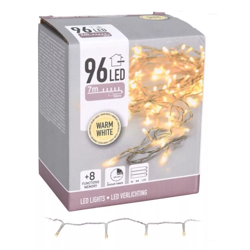 Fényfüzér 96 LED-es programos elemes 7 m - 3 színben Fényfüzér 96 LED-es programos elemes 7 m - 3 színben