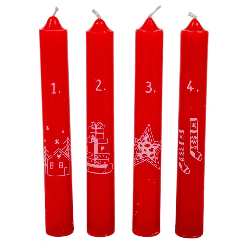 Karácsonyi mintás szálas gyertya 16cm 4db/csomag - 2 színben  Karácsonyi mintás szálas gyertya 16cm 4db/csomag - 2 színben