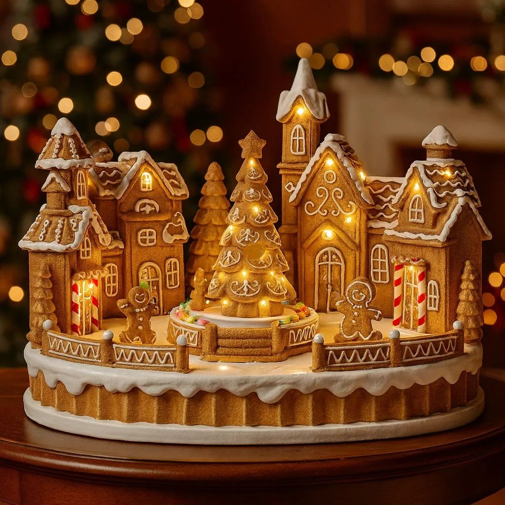 Dioráma mézeskalács város fenyővel, mozgó figurákkal, LED-es 31,5x20,3x22,5 cm Dioráma mézeskalács város fenyővel, mozgó figurákkal, LED-es 31,5x20,3x22,5 cm