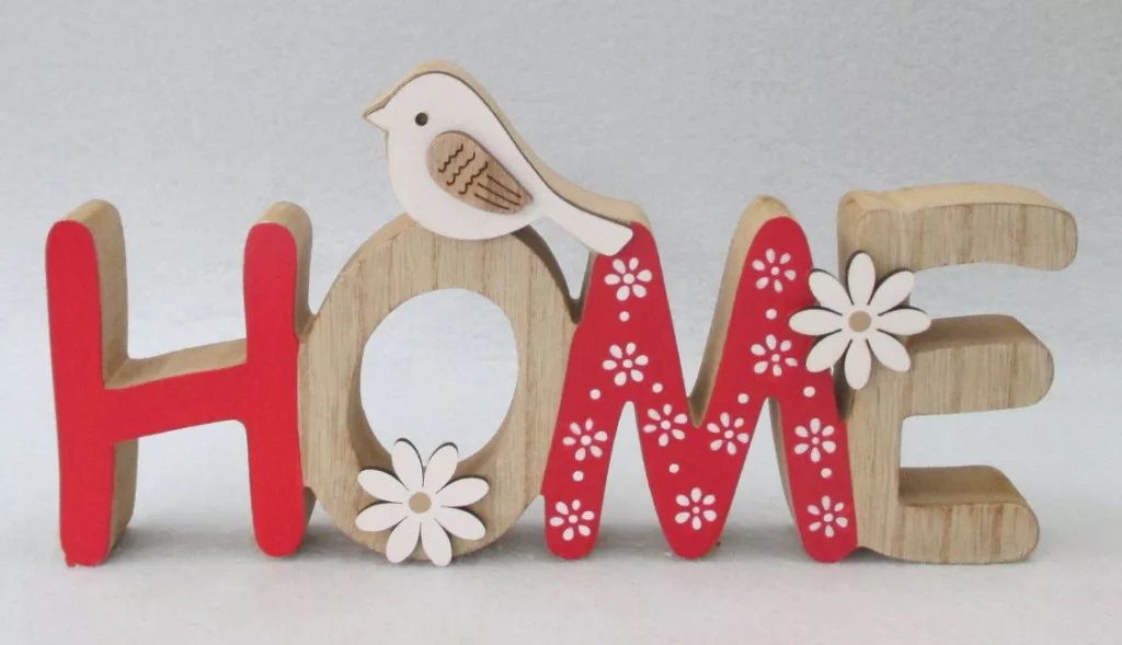 Fa felirat HOME madárral 24 x 12 cm