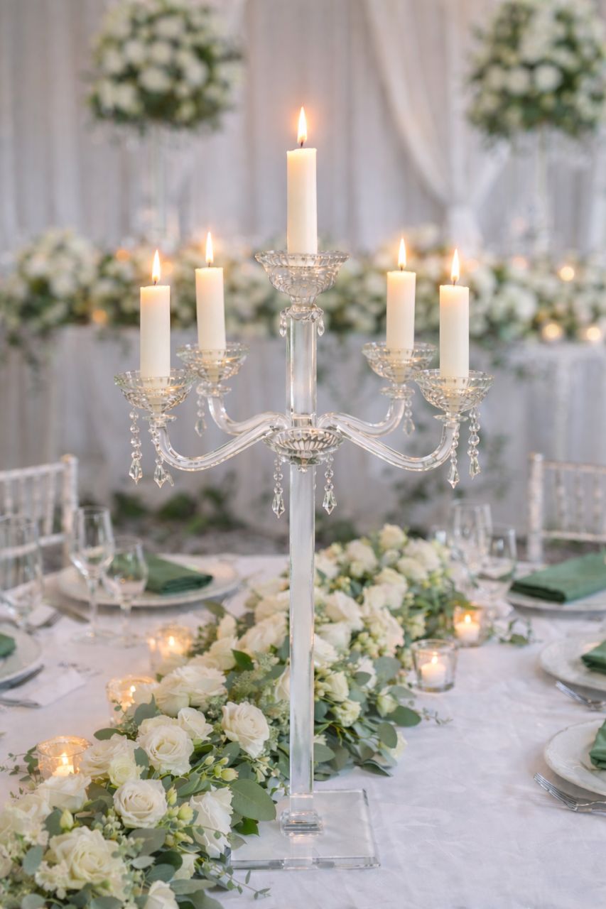 Kristályokkal díszített üveg gyertyatartó