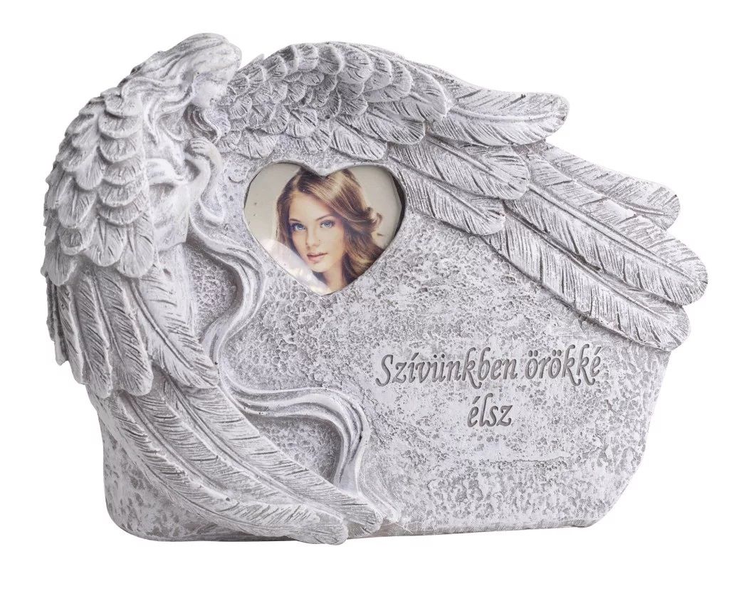 Polírezin sírkő képtartóval angyal szárnnyal 24 x 18 cm