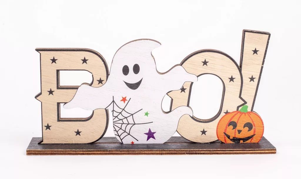 Fa szellem tökkel BOO felirattal 19 x 4 x 10 cm