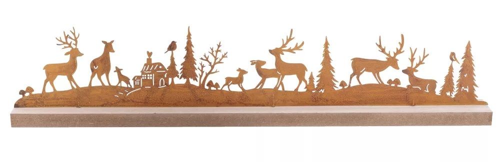 Fa és fém rozsdabarna erdei állatos dísz 50 x 10 cm