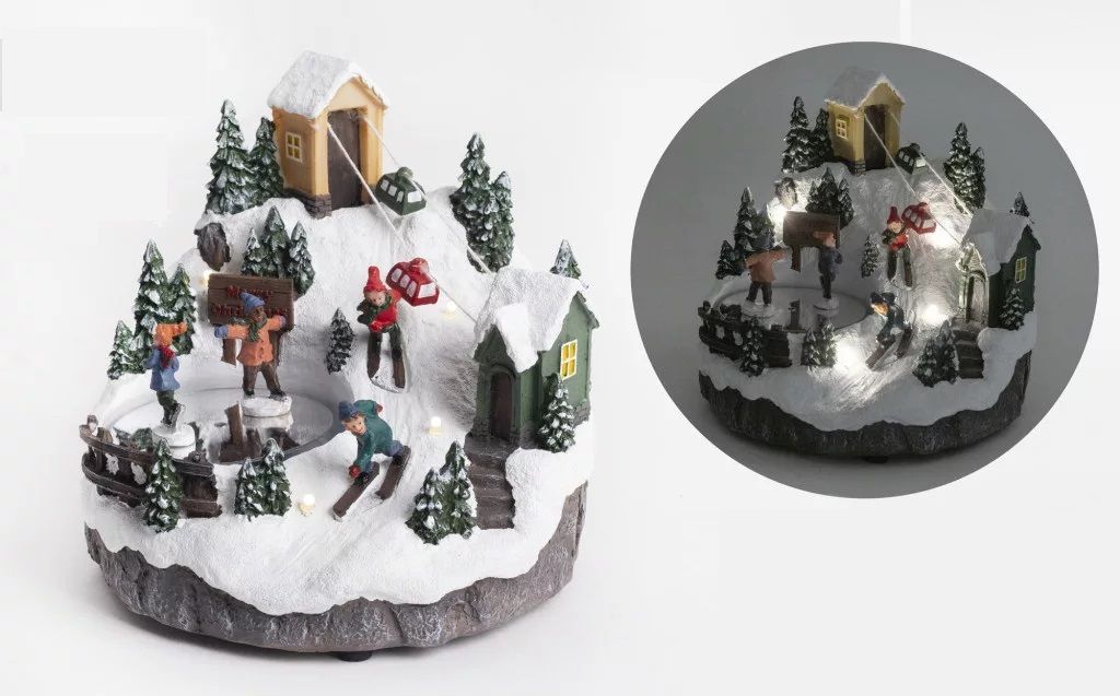 Téli falu sípálya forgó korcsolyázókkal 16 x 28 cm