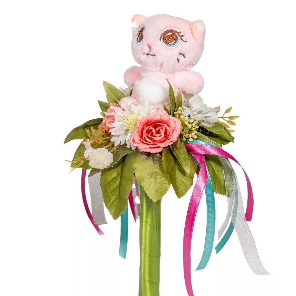 Ballagási csokor plüss cicával selyem virággal 34cm - Több színben