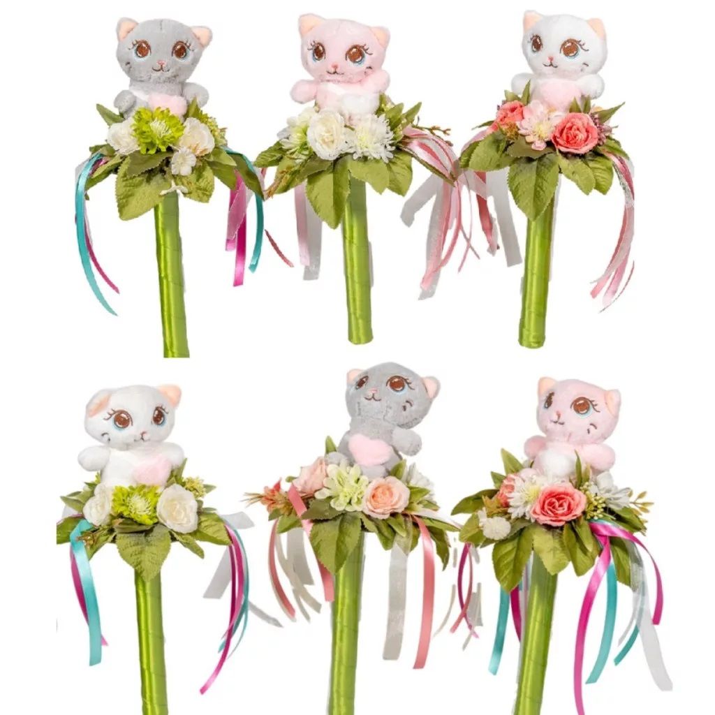 Ballagási csokor plüss cicával selyem virággal 34cm - Több színben