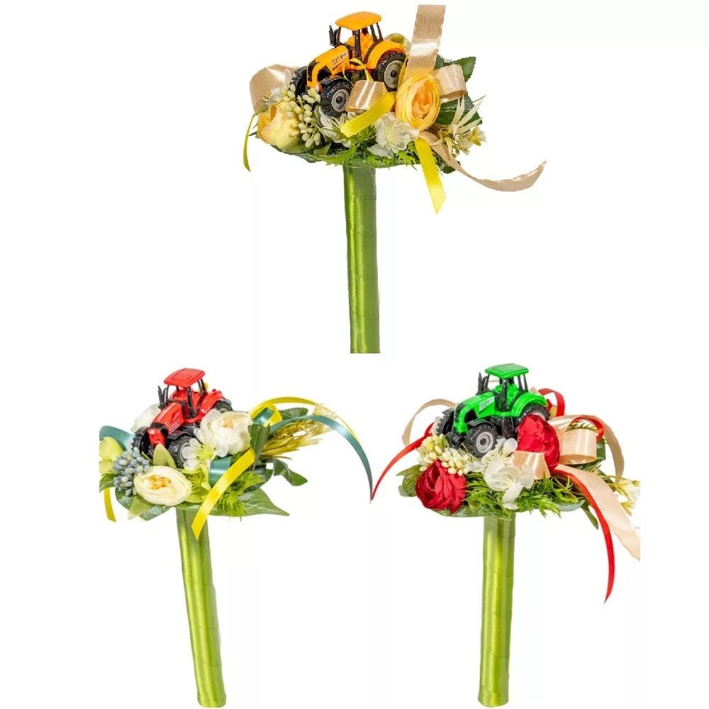 Ballagói csokor traktorral, selyemvirággal 29cm