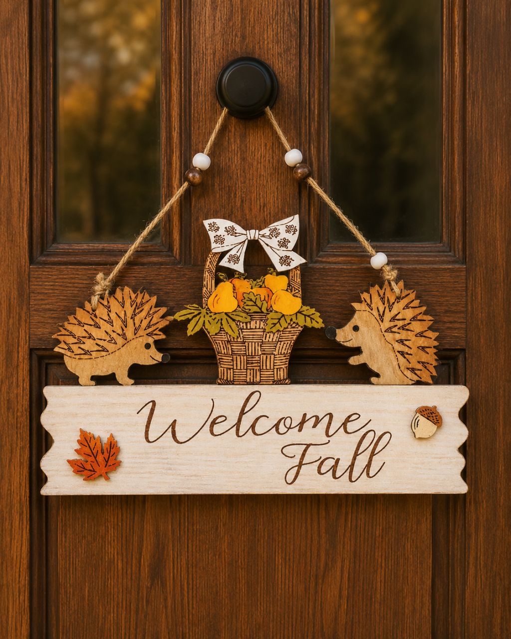 Fa sünis Welcome Fall ajtódísz – Őszi kopogtató sünökkel és tökös kosárral Fa sünis Welcome Fall ajtódísz – Őszi kopogtató sünökkel és tökös kosárral
