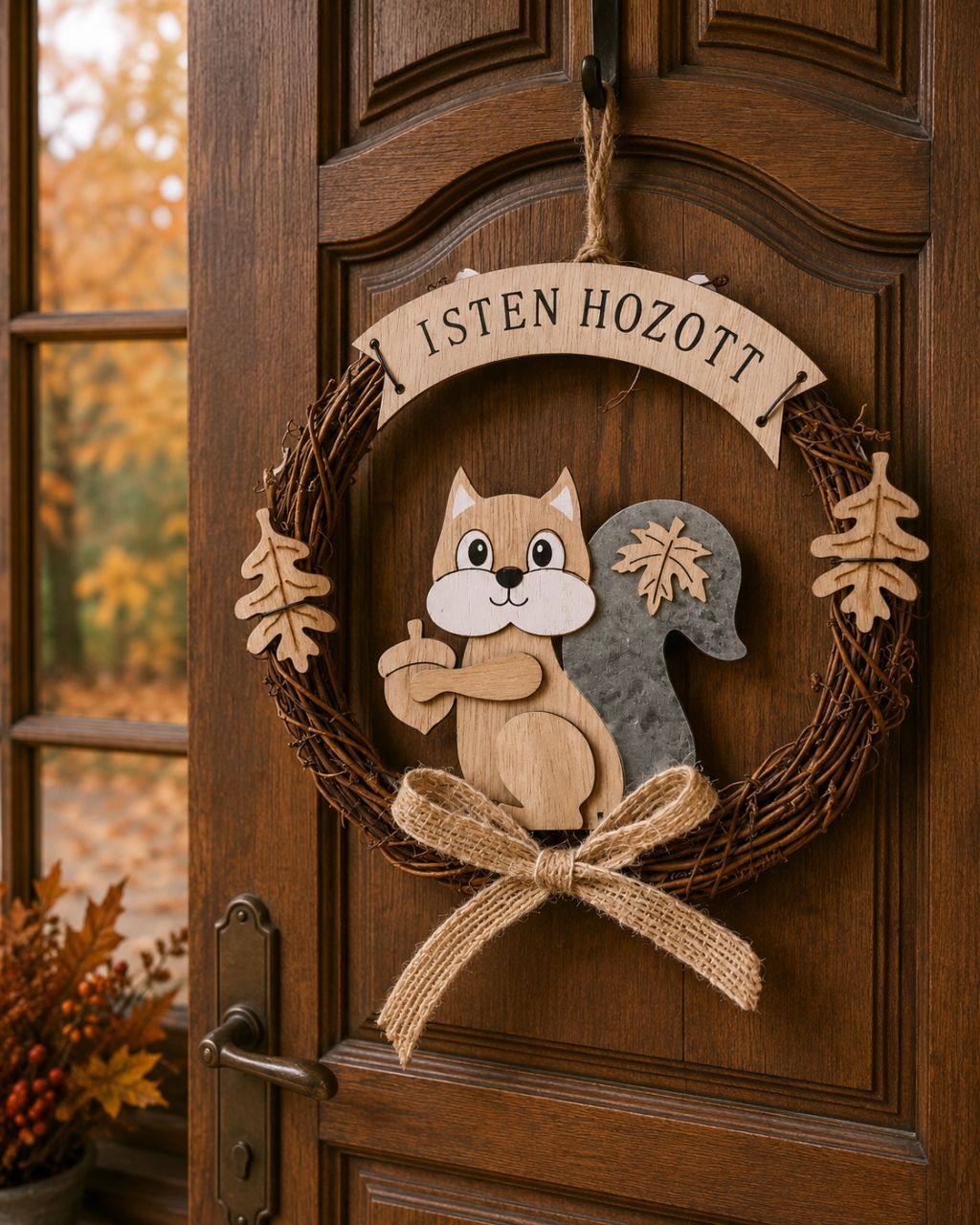Fa és fém kopogtató mókussal Isten Hozott felirattal