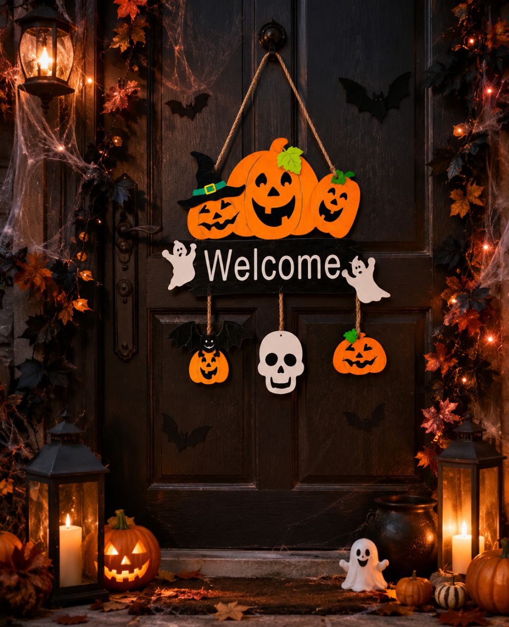 Fa kopogtató Halloween tökök Welcome felirattal Fa kopogtató Halloween tökök Welcome felirattal