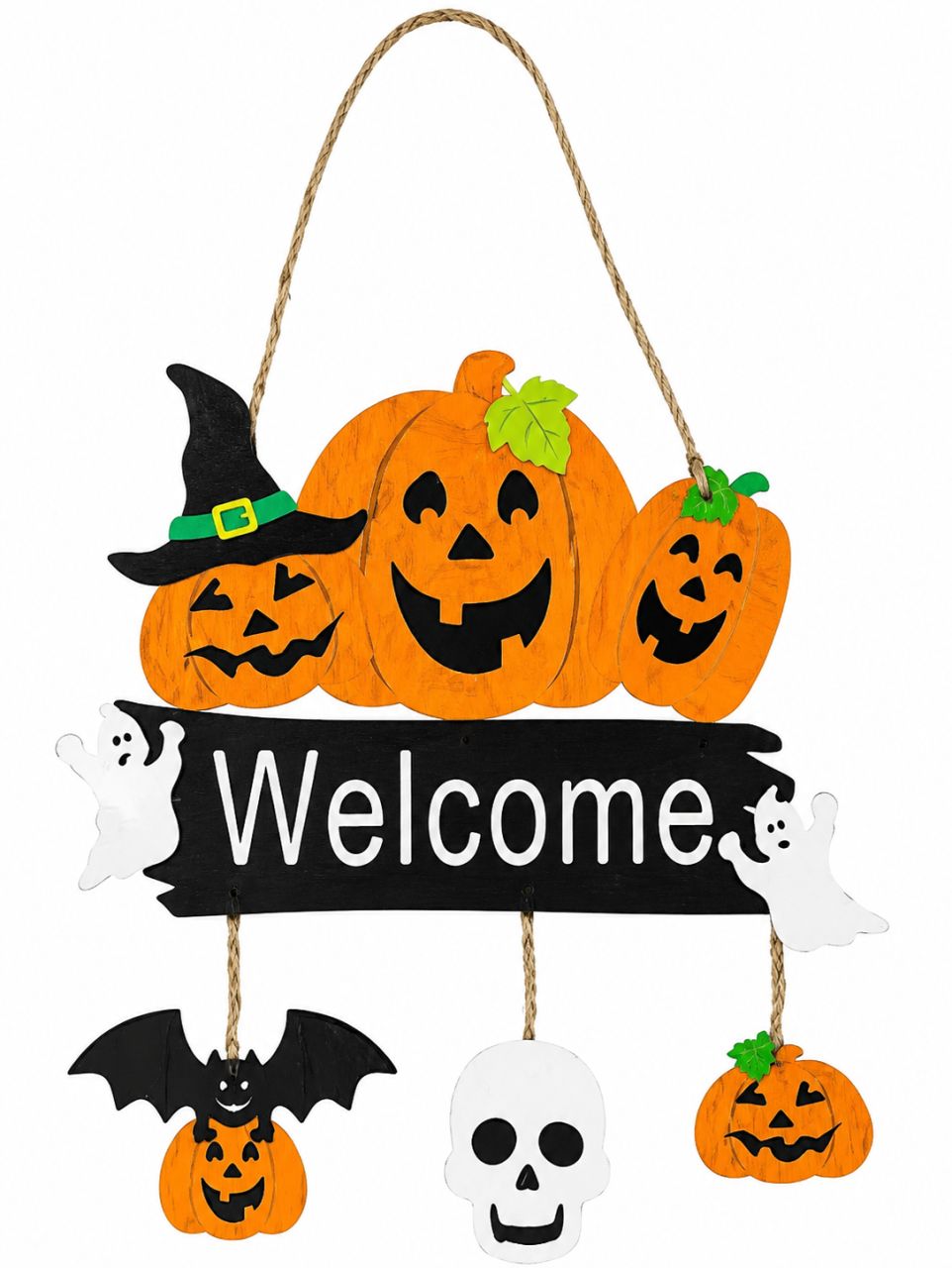 Fa kopogtató Halloween tökök Welcome felirattal Fa kopogtató Halloween tökök Welcome felirattal