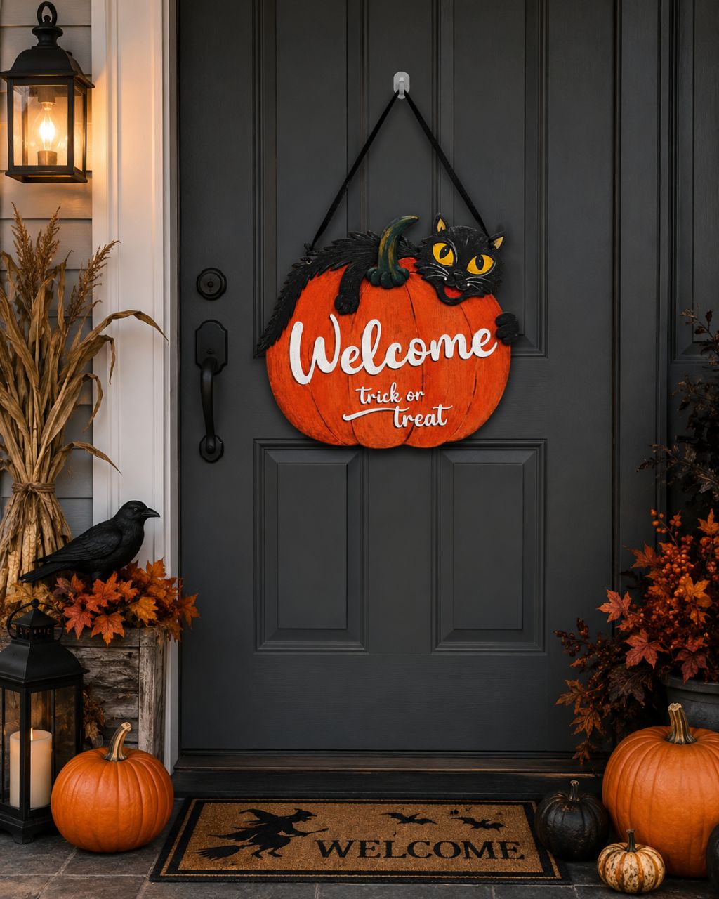 Fa Halloween kopogtató fekete macskával és tökkel – Welcome felirattal Fa Halloween kopogtató fekete macskával és tökkel – Welcome felirattal