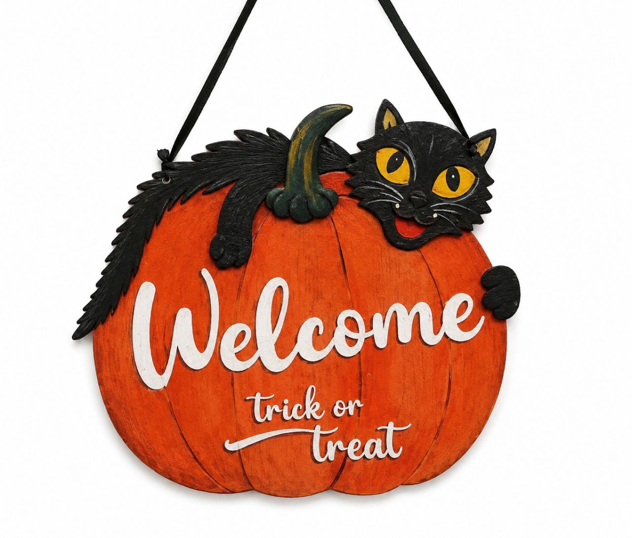Fa Halloween kopogtató fekete macskával és tökkel – Welcome felirattal Fa Halloween kopogtató fekete macskával és tökkel – Welcome felirattal