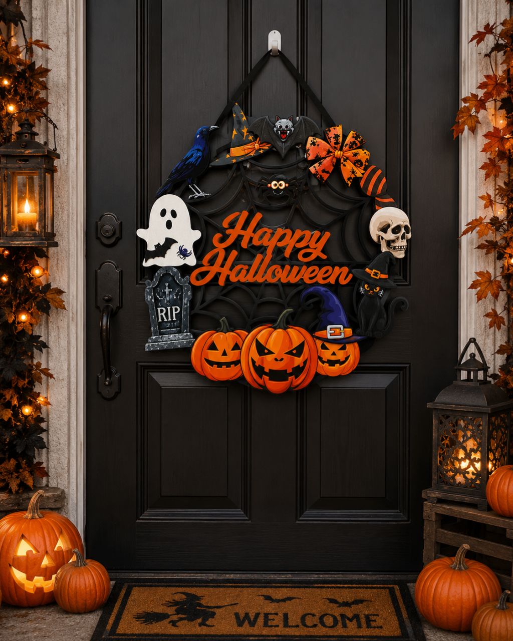 Fa kopogtató pókháló – Happy Halloween felirattal és figurákkal