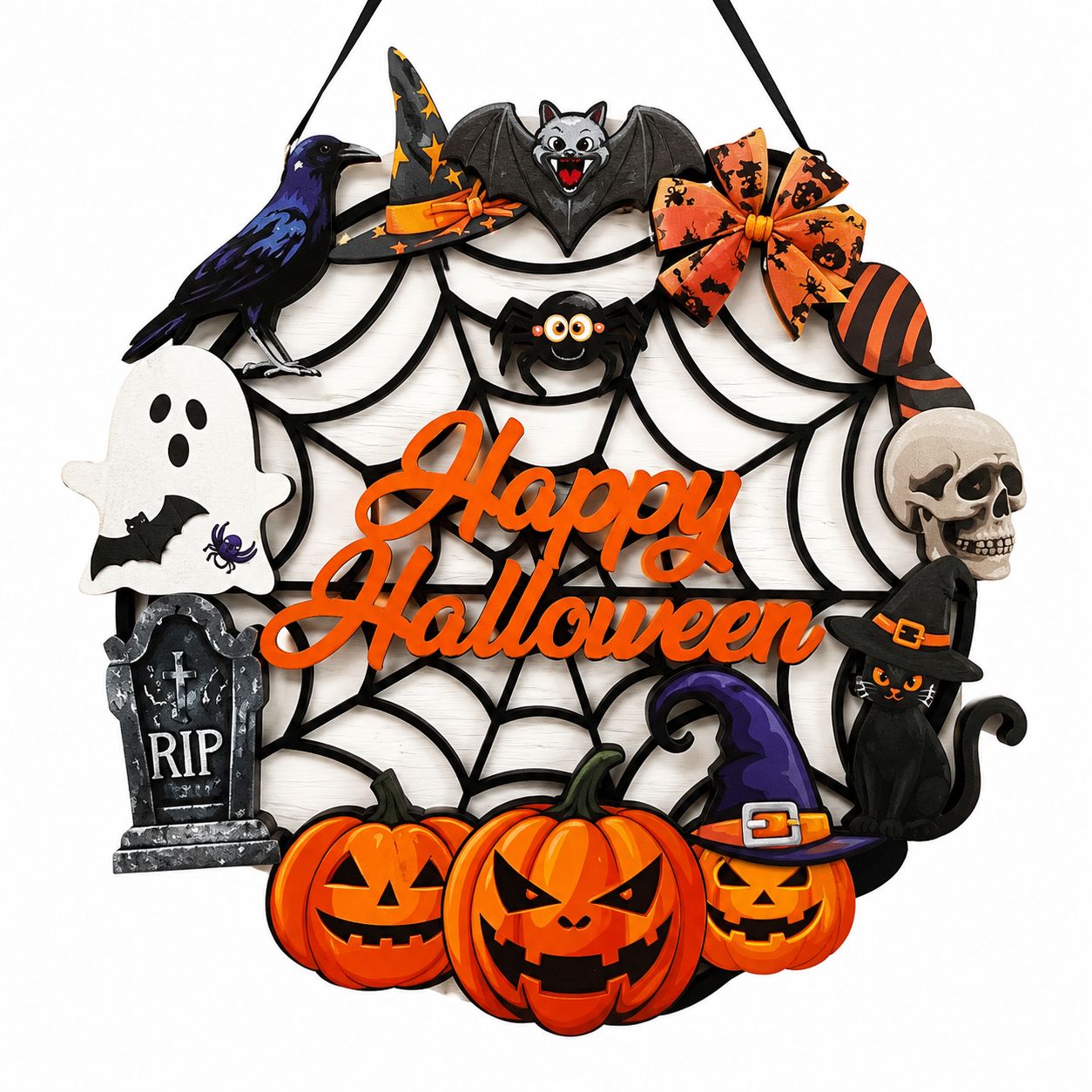 Fa kopogtató pókháló – Happy Halloween felirattal és figurákkal