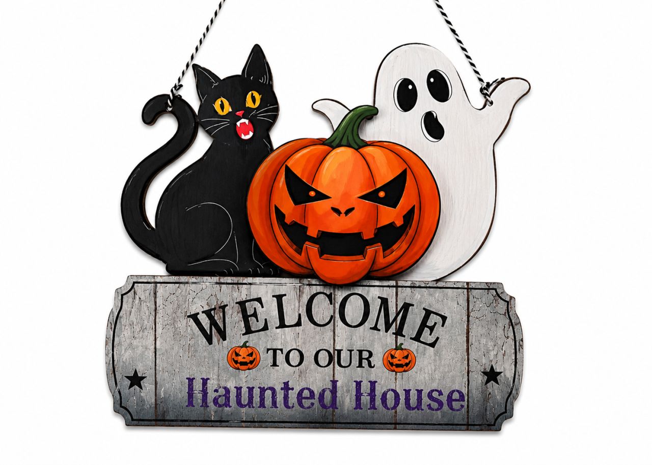 Fa kopogtató Tábla – Welcome to Our Haunted House