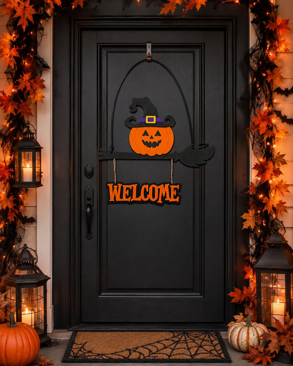 Fa Halloween Welcome ajtódísz – Boszorkánykalapos tök seprűn Fa Halloween Welcome ajtódísz – Boszorkánykalapos tök seprűn